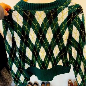 STAUD plaid print v neck sweater size S Slytherin Core